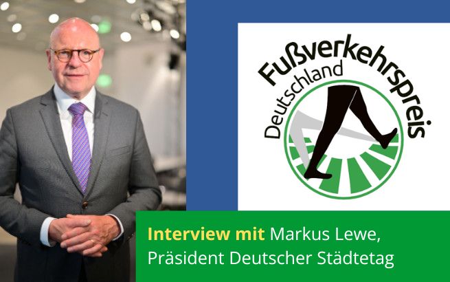 Foto von Markus Lewe, Logo des Deutschen Fußverkehrspreises. Aufschrift: Interview mit Markus Lewe